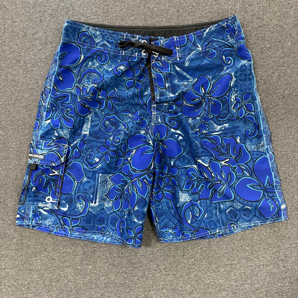 Vintage Quiksilver Board Shorts Mens 33 Blue Good Floral Hibiscus Cargo Surf